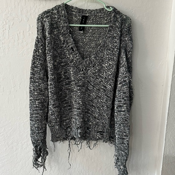 IRO Jeans Gray Open Weave V Neck Distressed Pullover Sweater Long Sleeve XS - Picture 1 of 13